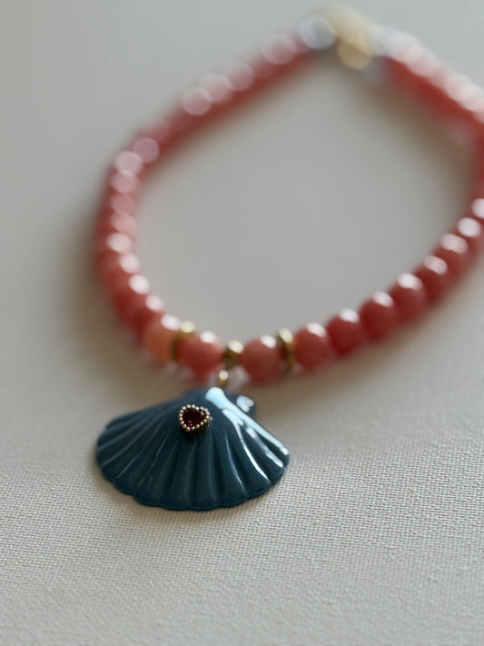 Colar Quartzo Rosa Concha Azul