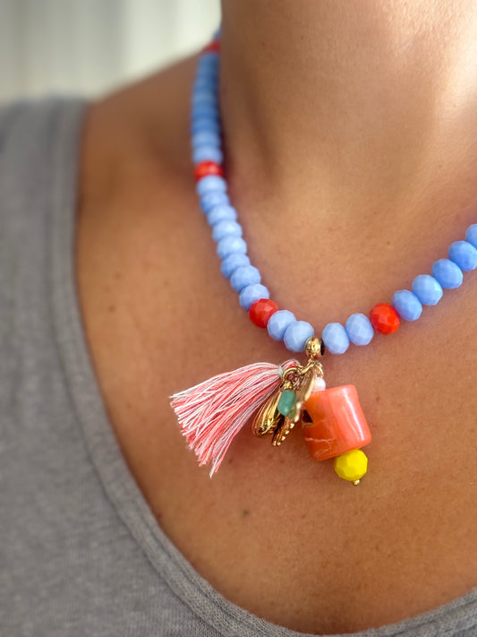 Colar Bicolar de Pedras Azuis e Laranja