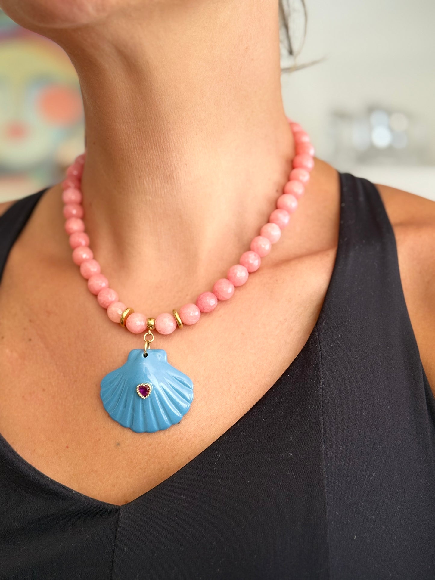 Colar Quartzo Rosa Concha Azul