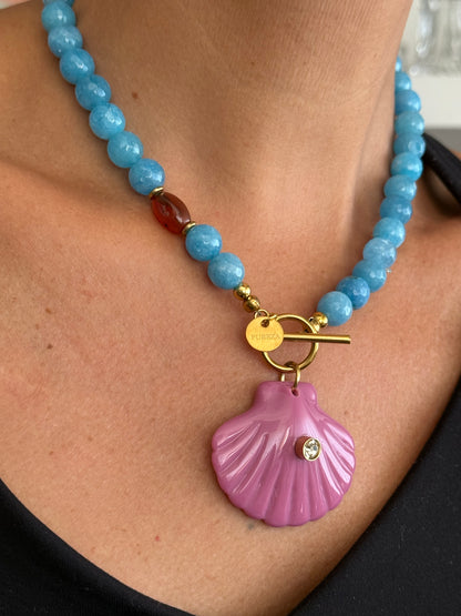Colar Pedra Azul com detalhe Castanho e Concha Rosa