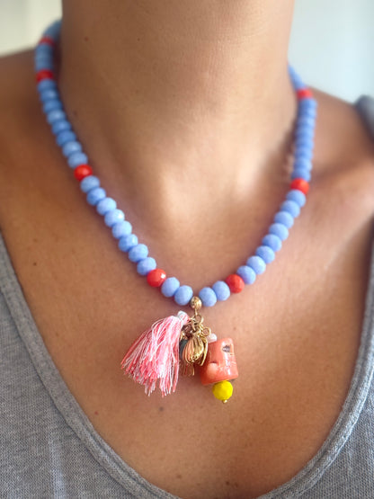 Colar Bicolar de Pedras Azuis e Laranja